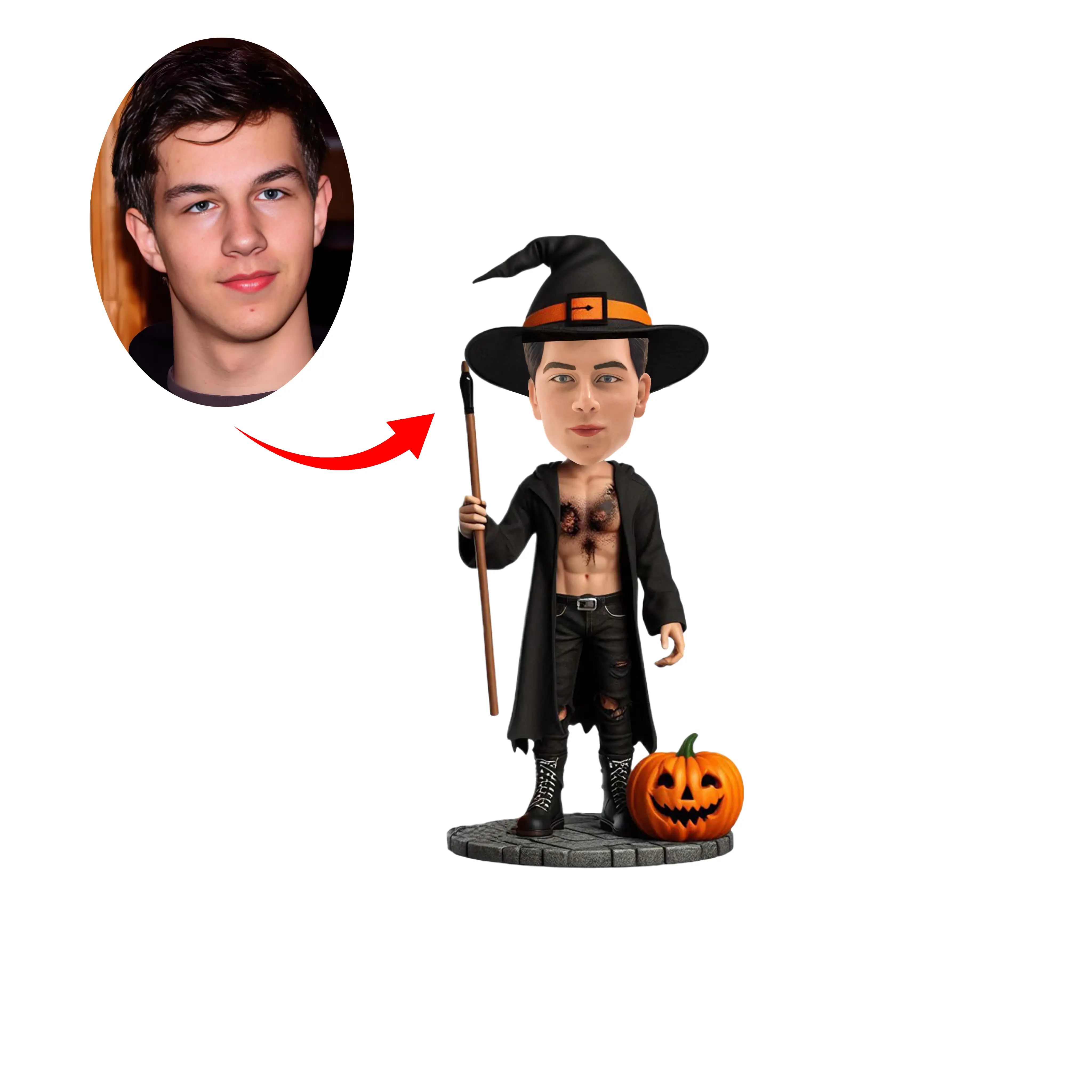 customized-bobble-head-doll-halloween-holding-a-magic-wand-wearing-a-black-magic-trench-coat-and-hat-handsome-handsome-boy-engravable-text